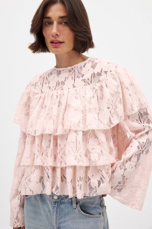 NA-KD - Blelagt bluse med volanger - Bluser - Rosa - XS