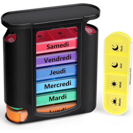 Fransk Ugentlig Pilleæske (Morgen, Middag, Aften og Nat) - Stabelbart 7 Dages Pilletårn 28 Rum 4 Gange (Sort)