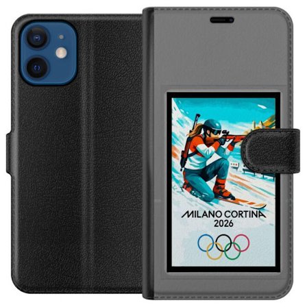 Kompatibelt Lommeboketui til Apple iPhone 12 Retroplakat Cortina Milano 2026 med fjell, vintersportsutøvere, italienske trikolor, Milano-katedralen og