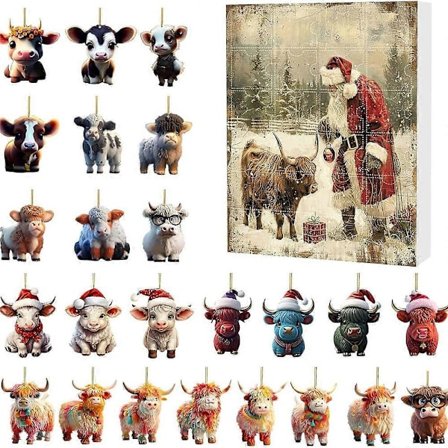 2024 Highland Cow Julekalender, 24 Unike 2D Kufjesett, Barn Voksen 24 Dagers Juletelling Ornamenter Gave
