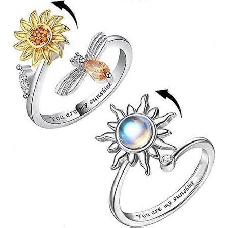 2 stk. Angstring for kvinner Sterling Sølv Stemningsringer Sommerfugl Blomst Fidget Spinner Ring
