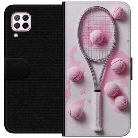 Kompatibel Tegnebogsetui til Huawei Huawei P40 lite Rosa glaskugler og tennisketsjer i et kreativt stillbillede med legende popfølelse og moderne des