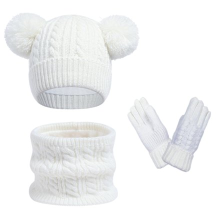 Hvidt ungdoms vinterbeskyttelsessæt, hue, halstørklæde, handsker og ørevarmere til børn, tilbehør til koldt vejr, tilbehør til drenge og piger.