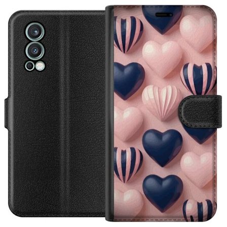 Kompatibelt Lommeboketui til OnePlus Nord 2 5G Myke tredimensjonale hjerter i rosa og marineblå toner i et romantisk mønster
