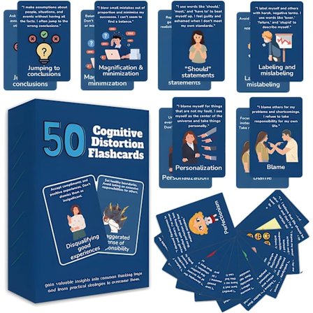 Kognitive Forvrængningsprøvekort – 50 kort, der bruges til at identificere bias, tankemønstre og mental sundhedsstøtte.