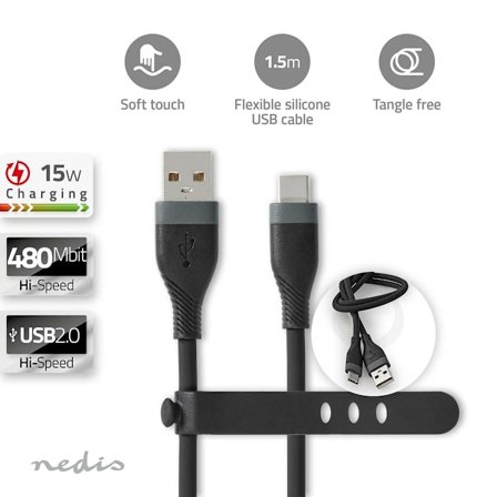 USB-kabel | USB 2.0 | USB-A Hane | USB-C Hane | 15 W | 480 Mbps | Nickelplaterad | 1.50 m | Rund | Silikon | Svart | Låda