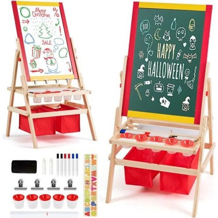 COSTWAY 3-i-1 staffeli til børn med papirrulle lavet af fyrretræ Hvid og sort magnetplade komplet tilbehør