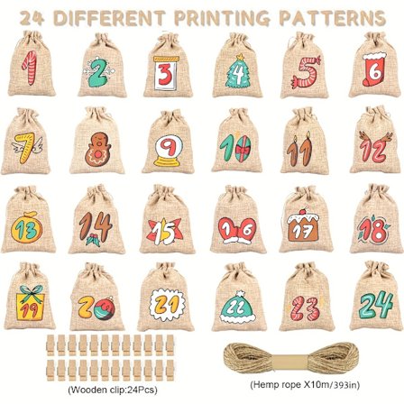 24-dages julekalender med nummererede 1-24 jute poser med snoretræk - Farvekodede nummererede poser til 24 dage af julen T [DB] 24 stk.