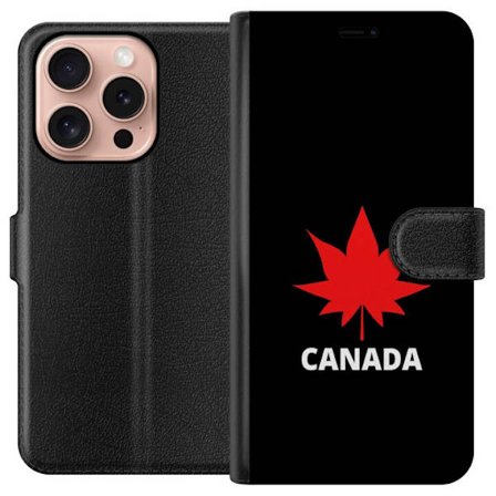 Kompatibel Tegnebogsetui til Apple iPhone 16 Pro Canada ahornblad rød symbol på mørk baggrund enkel og klar design med en nordisk naturfornemmelse