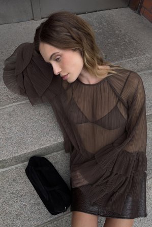 NA-KD Flounce Sleeve Blouse - Bluser - Brun - XS