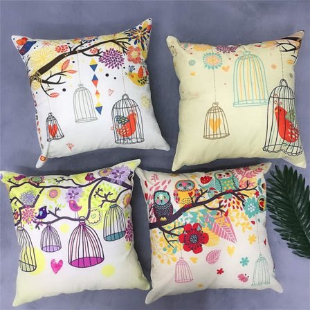 Sæt med 4 sofa puder med dekorativ ugle i fuglebur