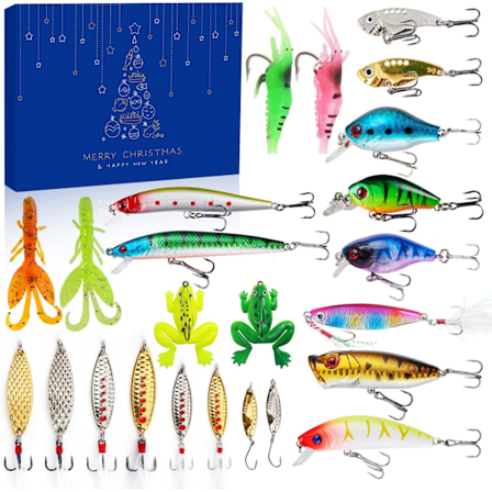 Jul 2024 Fiske Adventskalender - Fiskebeten Set, Fiskeutrustning för Vuxna Män Pojkar, Fisketillbehör (24 st)