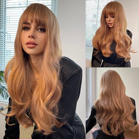 26 Tommer Jordbærblond Lang Bølget Parykk med Pannelugg for Kvinner