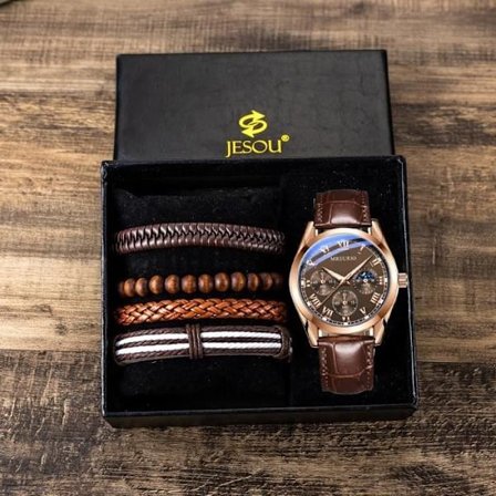 Herrklocka Presentförpackning med Armband, Bälte och Nyckelring; Herrsolglasögon Presentförpackning; Analog Kvarts Klocka i Syntetiskt Läder