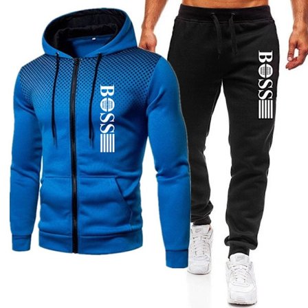BOSS Herre Tracksuit 2-delt hettegenser langermet jakke med glidelås og avslappet joggebukse treningsdress sett kongeblå-svart kongeblå-svart L