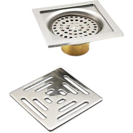 Kvadratisk Luktfri Duschbrunn, Rostfritt Stål Golvbrunn med Silnät för Badrum Trädgård (100mm x 100mm)