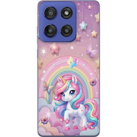 Kompatibel Mobilcover til Motorola Edge 60 Stylus Magisk enhjørning med regnbue manke, stjerner og sommerfugle mod en pastelfarvet himmel med skyer