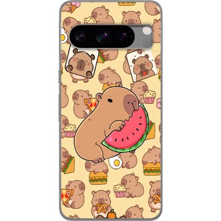 Kompatibelt Mobilskal till Google Google Pixel 8 Pro Söt capybaror njuter av vattenmelon pizza och popcorn i en varm och lekfull design som sprider g