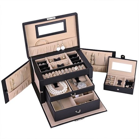 Jewelry Box with 2 Drawers and a Small Travel Case - Black