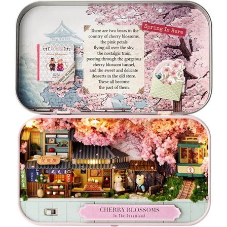 Miniatyr Dukkehussett 3D DIY Tre Dukkehussett med Møbler 1:100 (Kirsebærblomster)