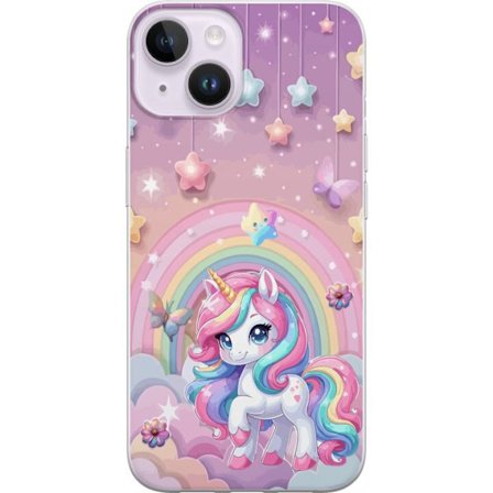 Kompatibel Mobilcover til Apple iPhone 15 Plus Magisk enhjørning med regnbue manke, stjerner og sommerfugle mod en pastelfarvet himmel med skyer