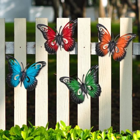 4 kpl Metalliperhosseinäkoristeveistoksia Aitaleluja 22x27 cm 4 väriä