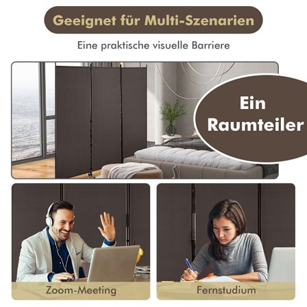 180 cm høj rumdeler på hjul, foldeskærm med 3 frit kombinerbare paneler, brun