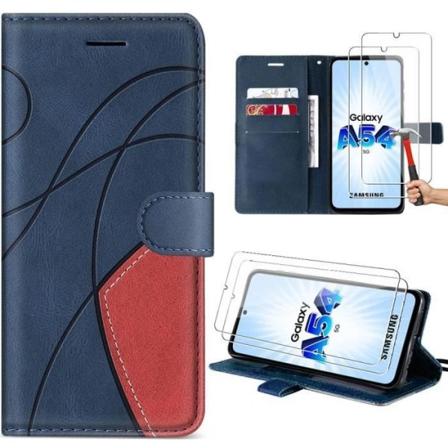 Etui til Samsung Galaxy A54 5G + 2 hærdet glas, marineblå, splejset tofarvet PU-læder med kortholder og stativ Marinblå, röd