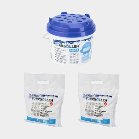 Fuktslukare Torrbollen MEGA, verkningsyta upp till 40 m², påfyllningsbar + 8 torkpatroner (8 x 450 gram)