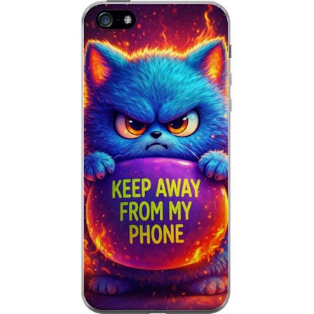 Kompatibel Mobilcover til Apple Apple iPhone 5 Vred luvat blå kat med teksten "Hold dig væk fra min telefon" i neonfarver og ildlignende effekter, h