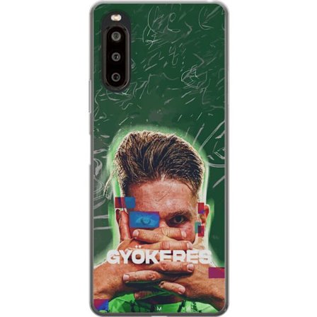 Yhteensopiva Puhelinkuori Sony Xperia 10 II Lamine Yamal Barcelonan pelipaidassa, jossa on neonvaloja ja punaisia ja sinisiä salamoita dramaattisessa