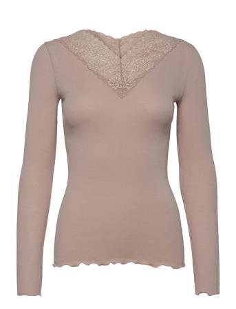 Organic T-Shirt W/ Lace T-shirts & Tops Long-sleeved Beige Rosemunde