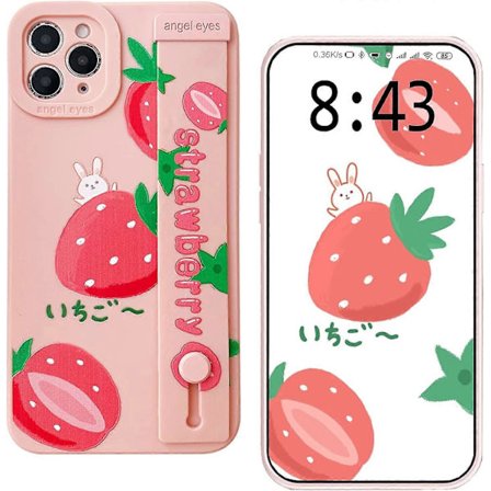 Etui til iPhone 11 Pro Max, Sødt Jordbær Sjovt Frugtmønster Bumper Etui Tegneserie Personlig Fuld Beskyttende Telefon Cover med Håndledsrem, Design