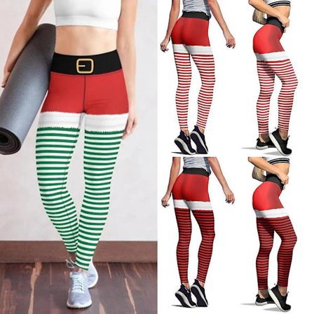 Nye God Jul-leggings Høy midje Elastiske Dame Trykte Stripete Snø-leggings Punk Belte 3 Farger Bukser