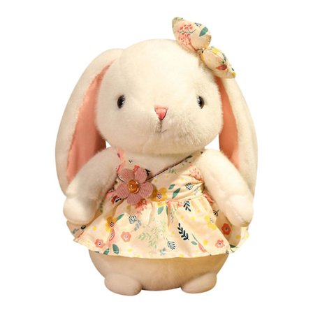 Blød plys kanin i hvid med blomstret nederdel (40 cm, gul)