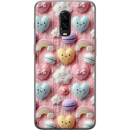 Kompatibelt Mobildeksel til OnePlus 6T Pastellmotiv med hjerter, skyer, regnbuer og makroner mot rosa bakgrunn i en søt drømmende stil.