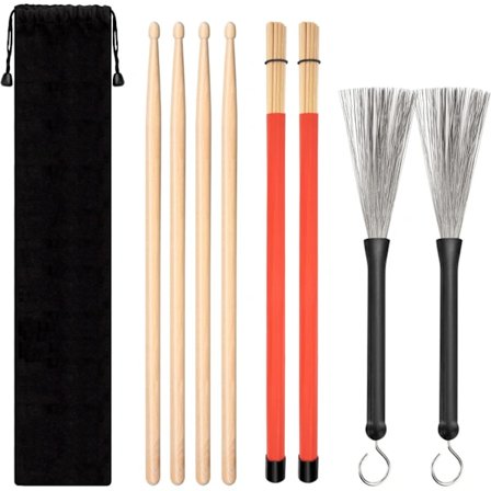 Classic Drum Set, 4 Pairs of Maple Drumsticks, Wire Brush and Rod Drumsticks with Storage Bag