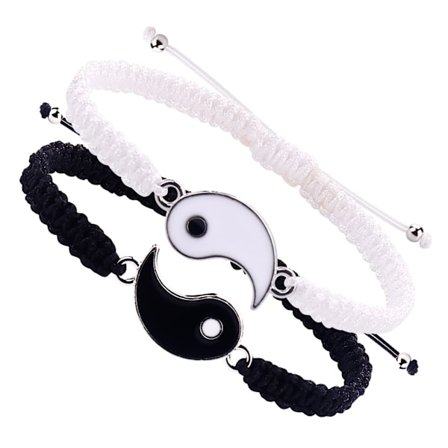 Justerbart armbåndsæt i to dele med et yin-yang-symbol, velegnet til par, venner eller bedste venner, i et sort og hvidt farveskema.