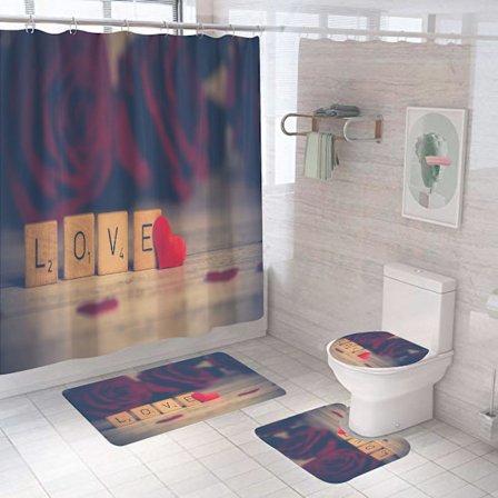 4 Delers Valentinsdag Dusjforheng Med Sklisikker Matte, Toalettlokk Og Badematte, Vintage Vanntett Baderomsdusjforheng Med 12 Kroker