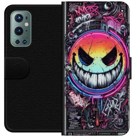Kompatibelt Plånboksfodral till OnePlus OnePlus 9 Pro Cyberpunk smiley med neonfärger, graffiti och futurisk techstil, edgy digital konst för gamer