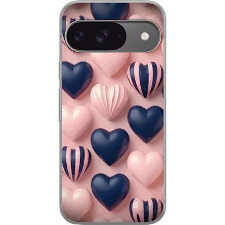 Yhteensopiva Puhelinkuori Google Pixel 9 Pro Pehmeät kolmiulotteiset sydämet vaaleanpunaisessa ja merensinisessä sävyssä romanttisessa kuosissa