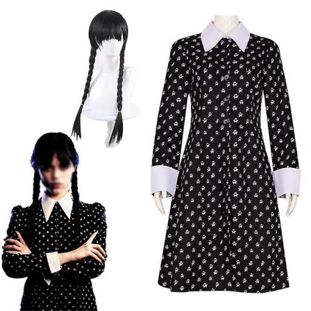 Jente Wednesday For Kid Adult Med Parykk Erme Wednesday Addams Kostyme Opp Antrekk XXL