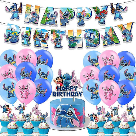 Stitch & Lilo Bursdagsdekorasjoner Tegneserie Rosa Blå Tema Bursdagsdekorasjoner Ballonger Kaketopp Bannere Sett