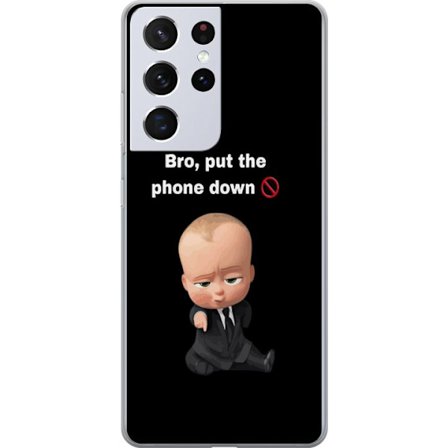 Kompatibel Mobilcover til Samsung Galaxy S21 Ultra 5G Boss Baby sjov illustration med tekst bro læg telefonen ned humoristisk motiv om skærmtid og h