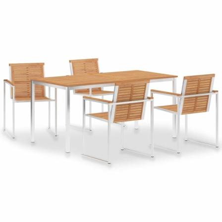 Vidaxl Matgrupp För Trädgården 5 Delar Massiv Teak Och Rostfritt Brun