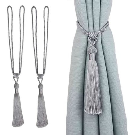 Set med 2 håndlagde gardinholdere i tau med dusker til hjemmekontor