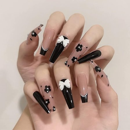 2025 Ny Modell 24 st Kvinnors Lösnaglar, Extra Långa Lösnaglar (Svart Blandat Rosa Blommor)