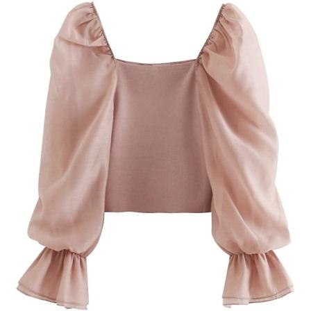 Square Neck Bubble Långärmad hög midja kort stickad T-shirt Pink M
