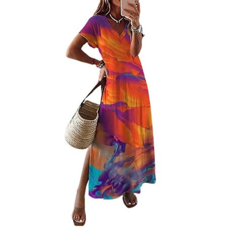 Kvinder trykte kortærmede V-hals Maxikjoler Sideslids Sommerferiefest Casual lange kjoler Orange