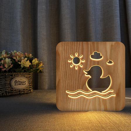 Liten Gul And Night Light för Barn Trä 3D Lampa Kreativ Trälampor Enkla Dekorativa Lampor 3D Träskärningsmönster LED